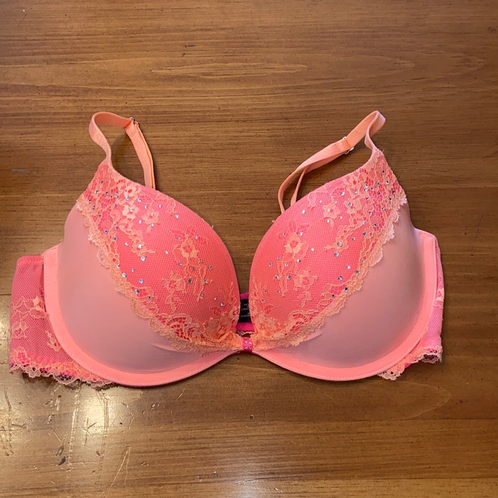 VS Padded Demi Bra women 34C coral pink lace crystals